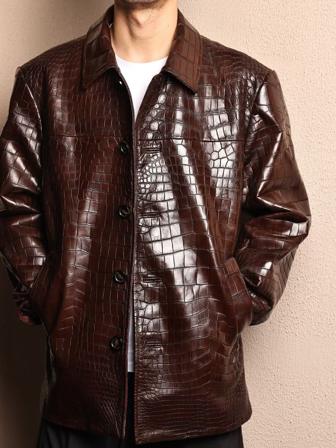 Men's mid-length crocodile leather jacket with Mandarin collar, formal style, by Rossie Viren, featuring textured crocodile skin.