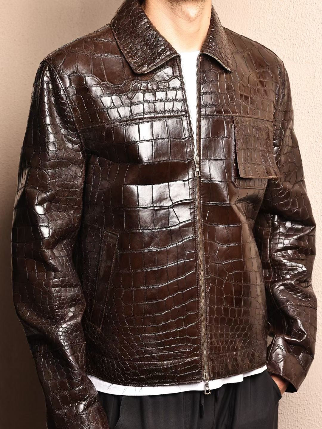Men's brown crocodile leather jacket by Rossie Viren, featuring textured crocodile skin and a stylish tailored fit.