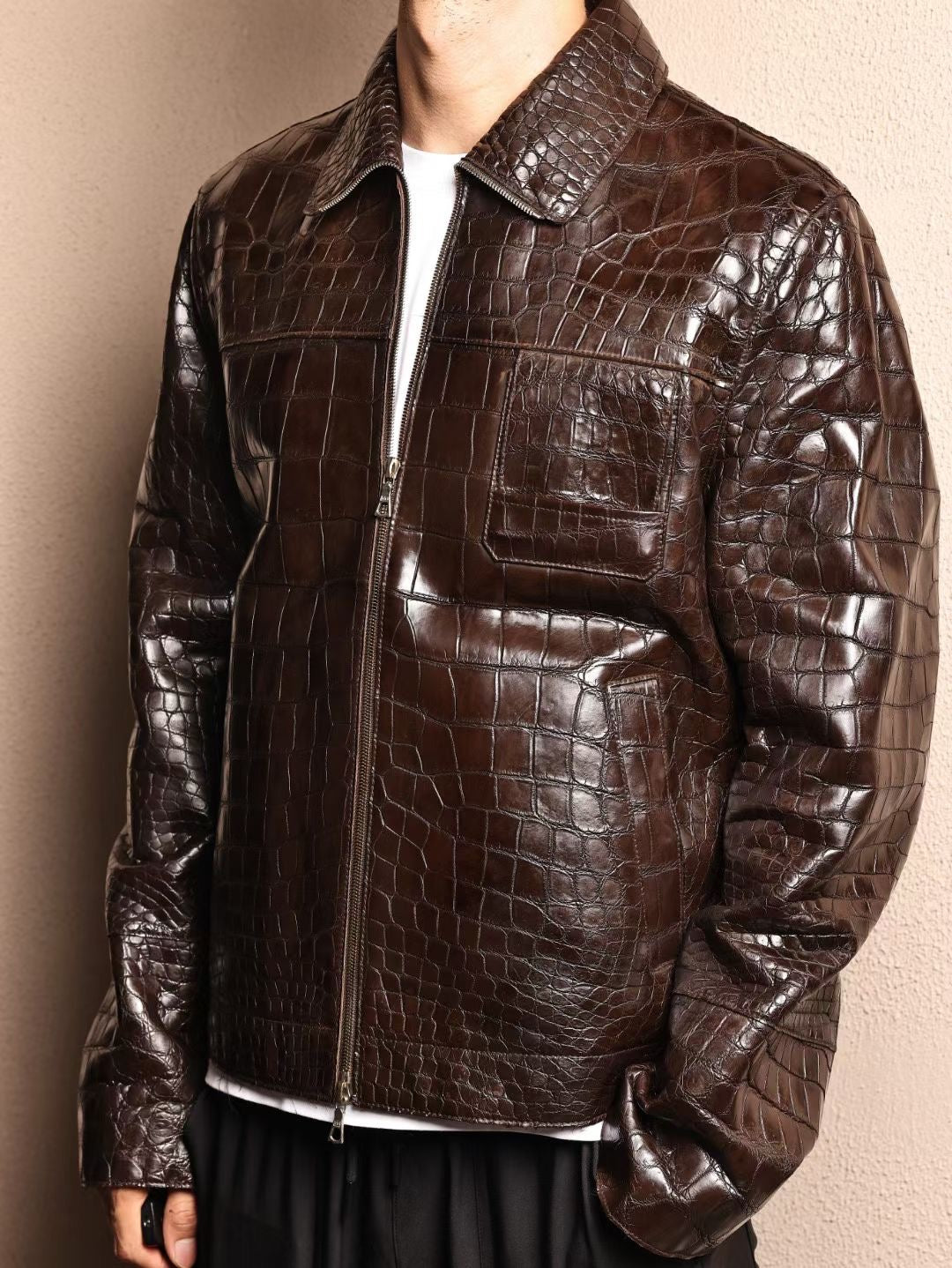 Men's brown crocodile skin leather jacket by Rossie Viren, stylish and textured with a classic jacket design.