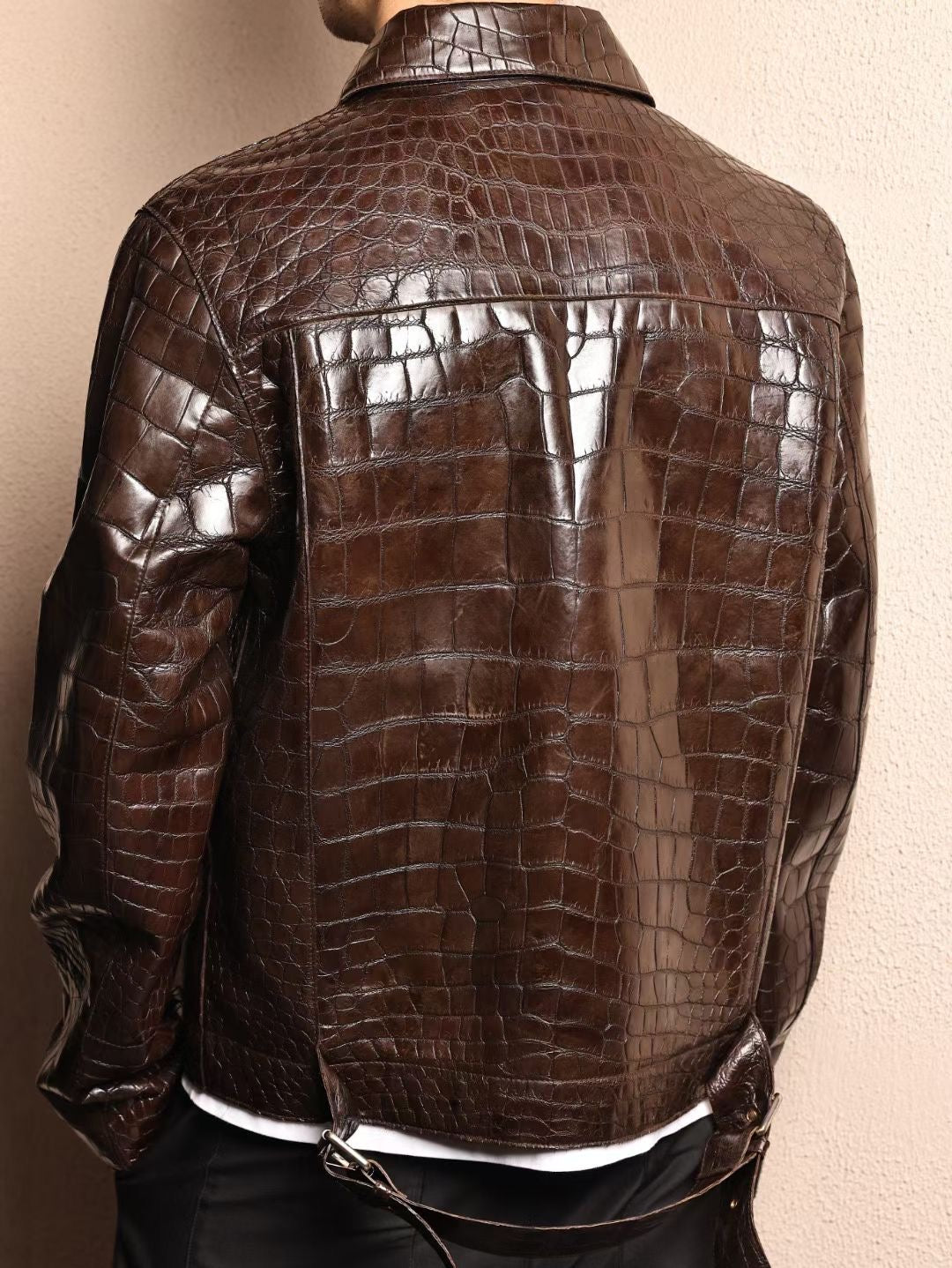 Men's brown crocodile skin leather jacket by Rossie Viren, stylish and textured with detailed crocodile pattern.