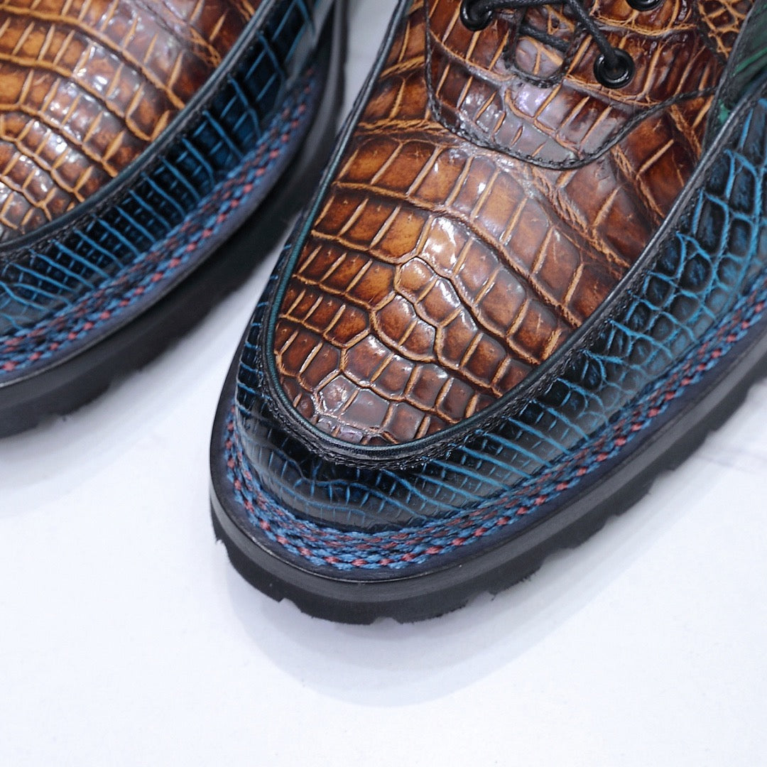 Crocodile Shoes Crocodile Leather Norwegian Sewn Lace Up Dress Shoes Vintage Brown/ Blue