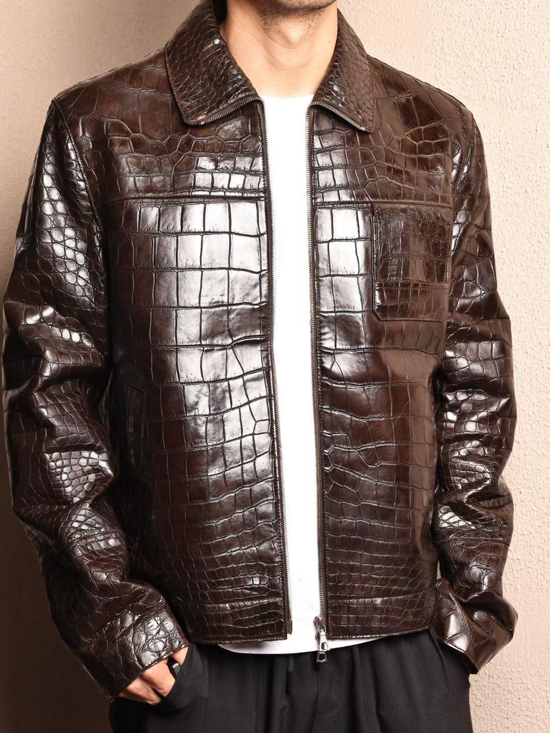 Men's brown crocodile skin leather jacket by Rossie Viren, featuring a stylish and textured crocodile jacket design.