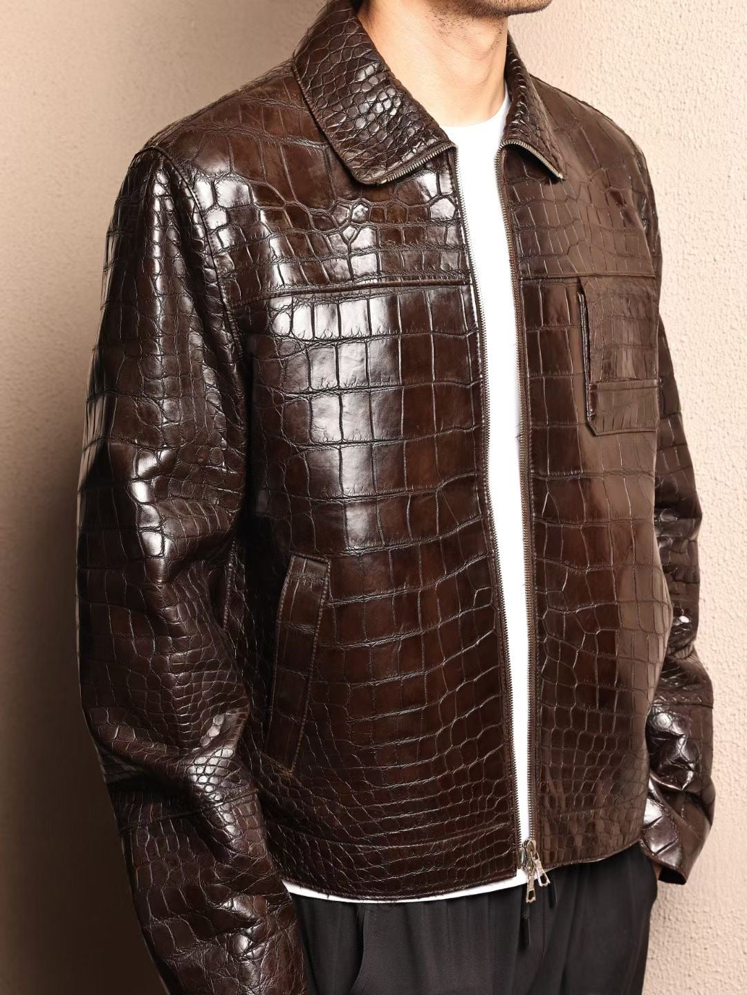 Men's brown crocodile skin leather jacket by Rossie Viren, featuring a stylish and textured crocodile pattern.