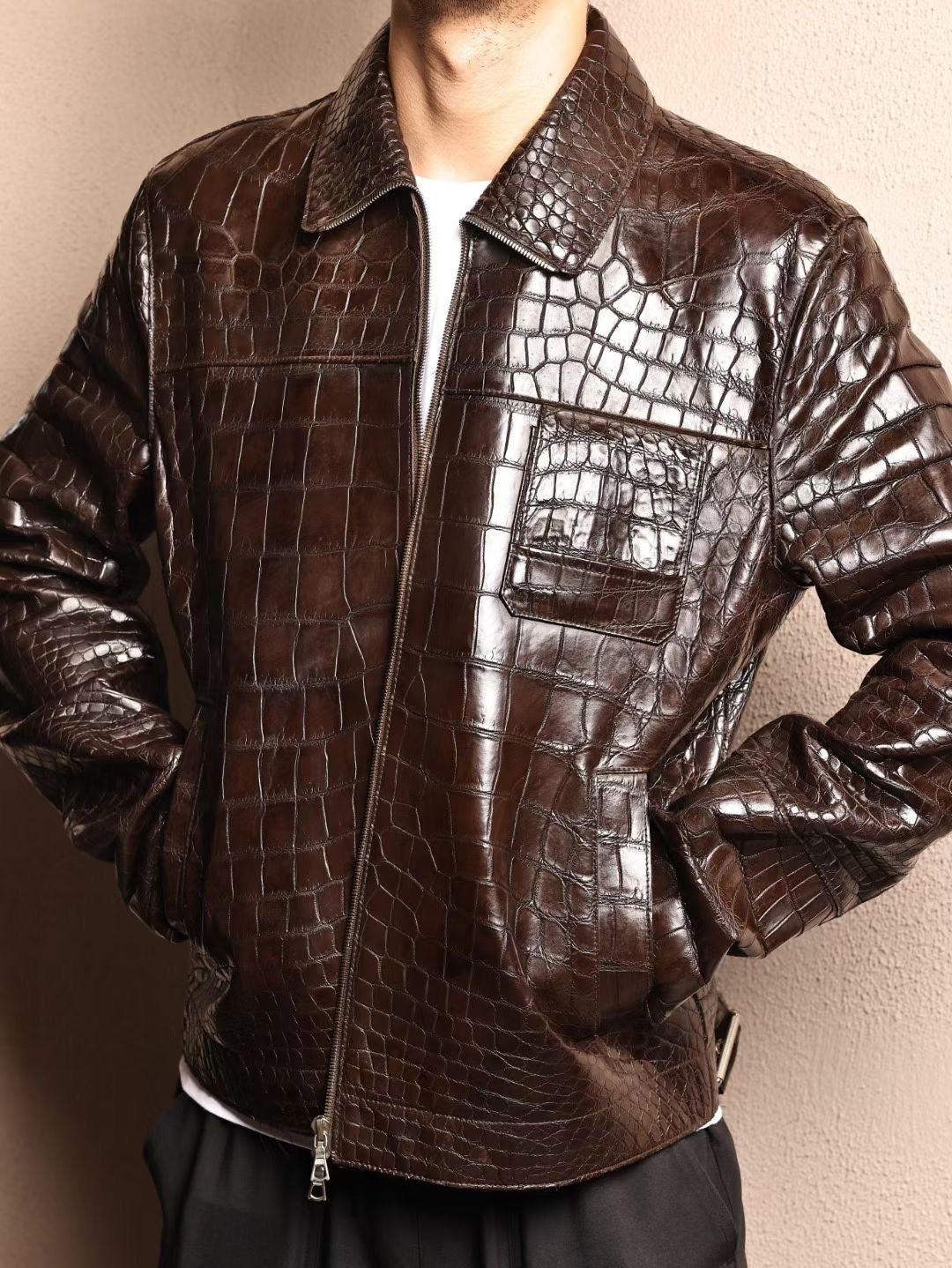 Men's brown crocodile skin leather jacket by Rossie Viren, featuring textured crocodile pattern and classic jacket style.