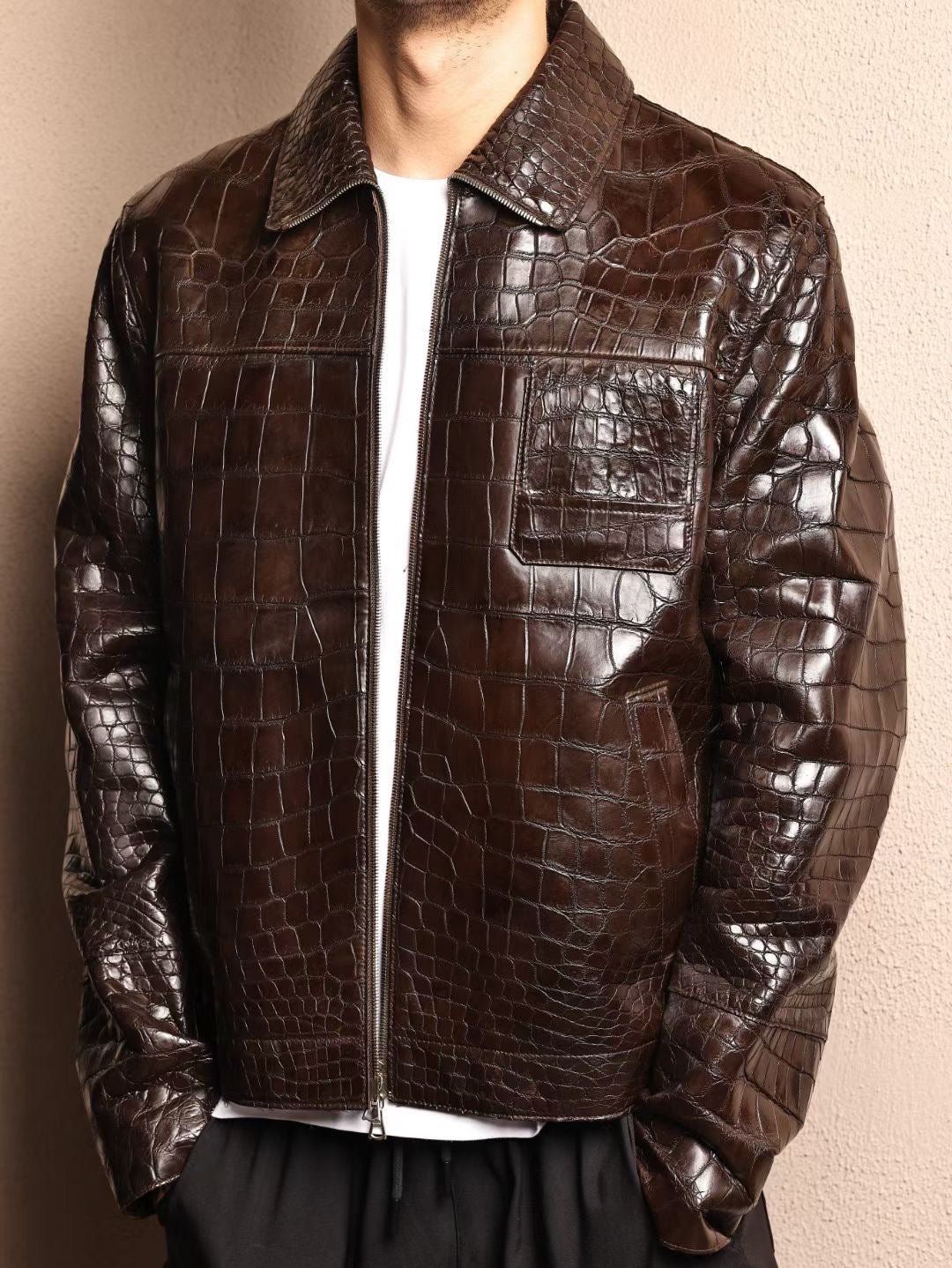 Men's brown crocodile skin leather jacket by Rossie Viren, featuring a stylish and textured crocodile pattern.