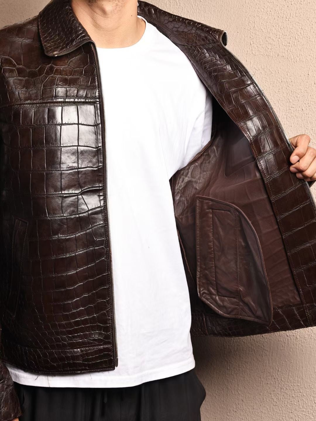 Men's brown crocodile leather jacket by Rossie Viren, featuring a sleek crocodile skin texture and stylish fit.
