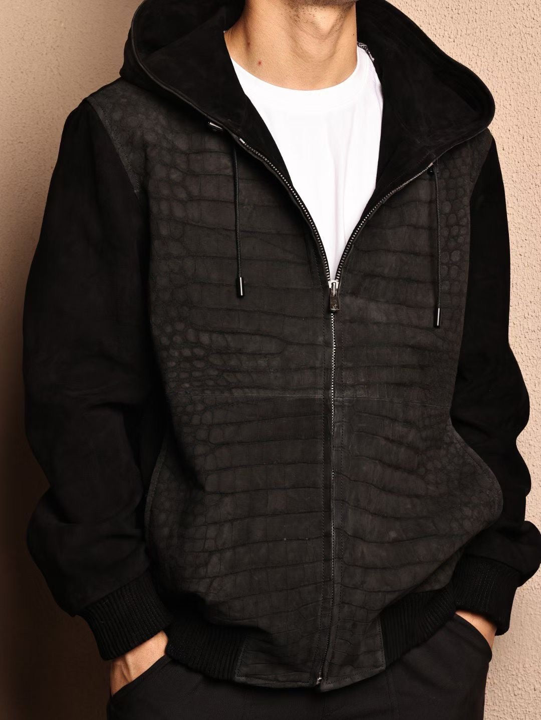 Men's Nubuck Black Crocodile Skin Leather Hoodie Jacket , Genuine Lambskin Leather Hoodie