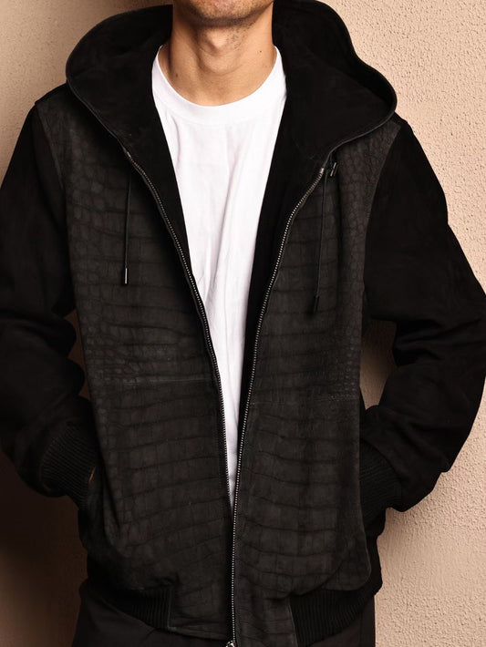Men's Nubuck Black Crocodile Skin Leather Hoodie Jacket , Genuine Lambskin Leather Hoodie