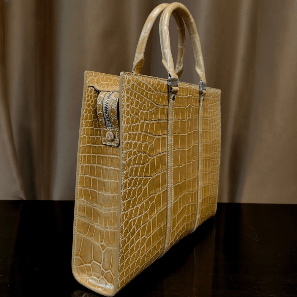 Rossie Viren crocodile skin leather briefcase with high gloss finish, laptop compartment, sleek business handbag.