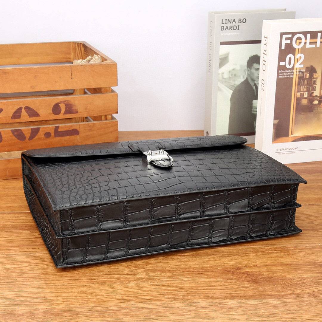 Preorder Mens Matt Crocodile Leather Briefcase Navy Blue