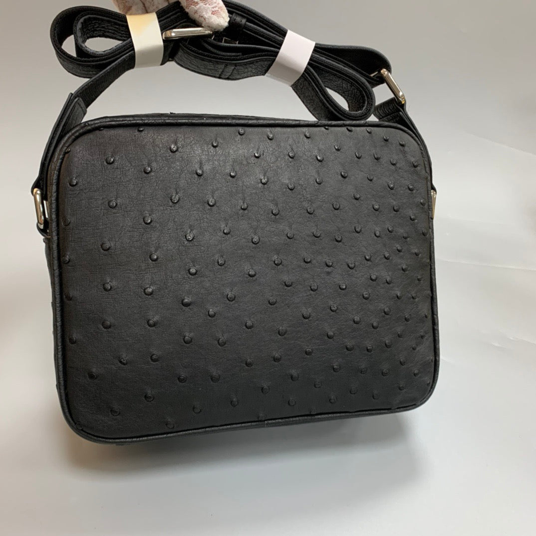 Men's Ostrich Skin Leather Messenger Bag Black