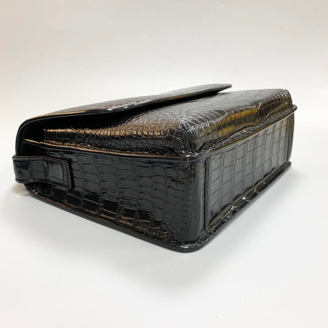 Genuine Crocodile Skin Leather Messenger Cross Body Bag Black