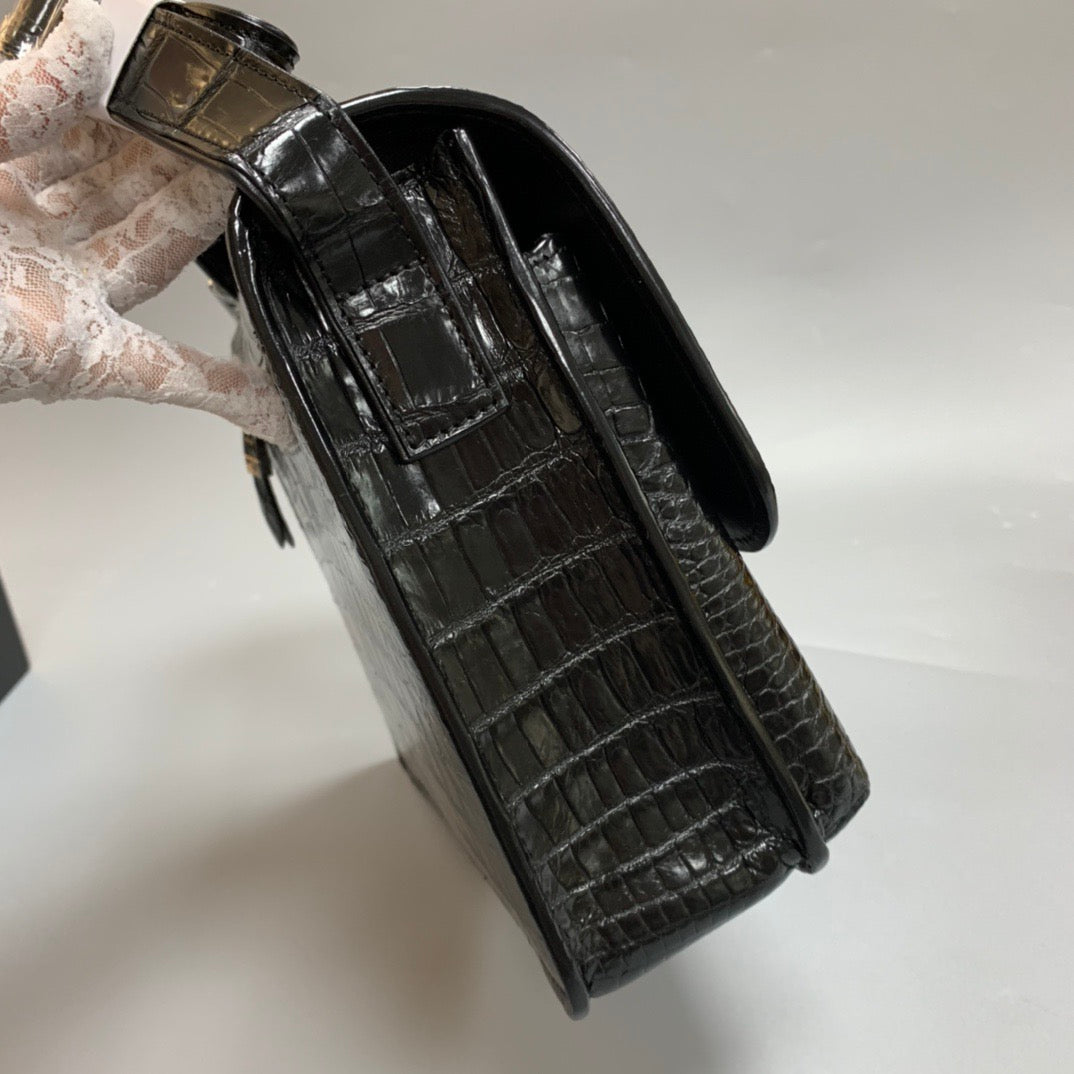 Genuine Crocodile Skin Leather Messenger Cross Body Bag Black