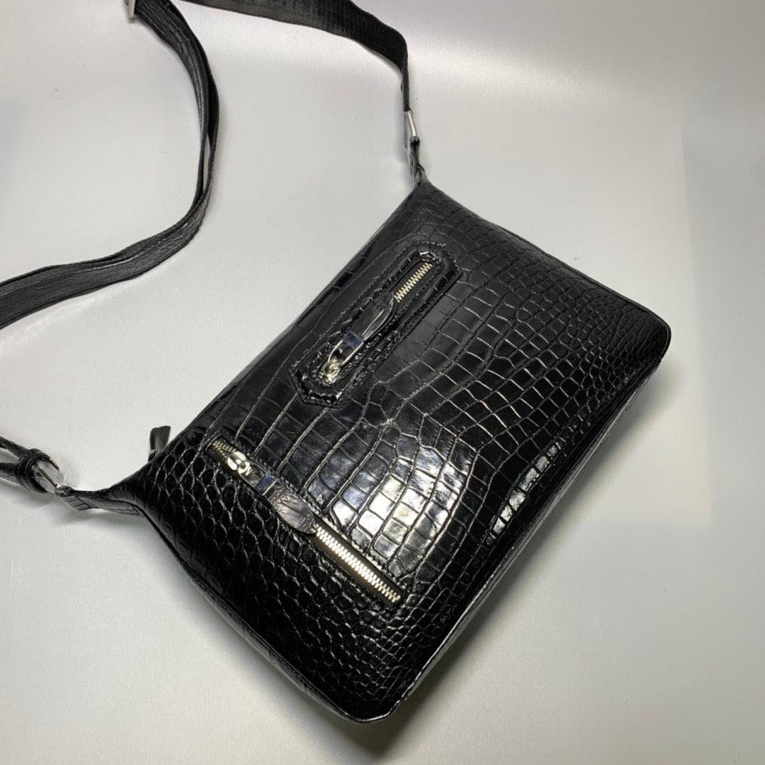 Genuine Crocodile Skin Leather Messenger Cross Body Bag Black