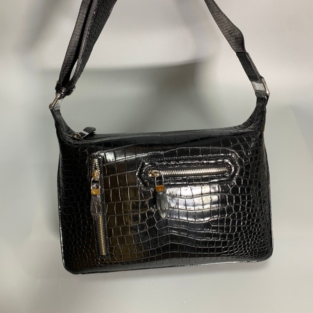 Genuine Crocodile Skin Leather Messenger Cross Body Bag Black