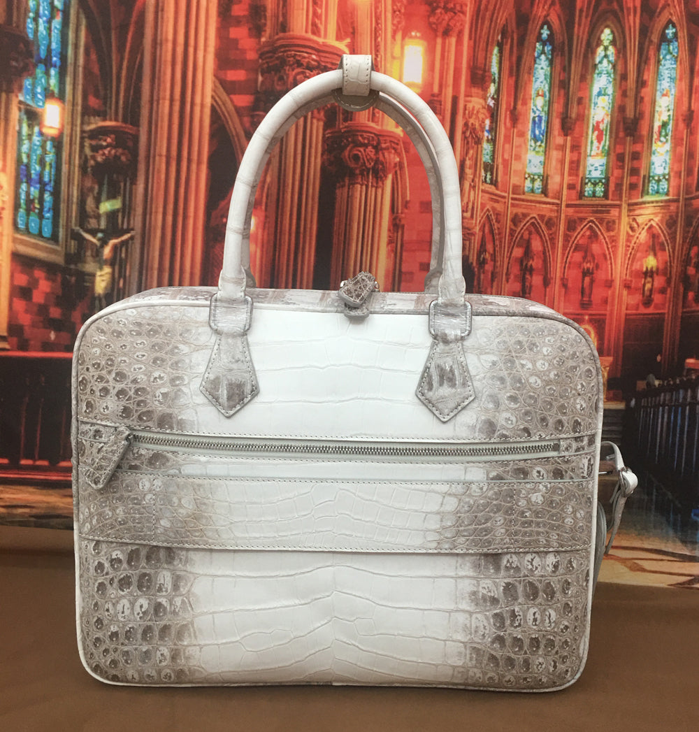Genuine crocodile belly leather briefcase by Rossie Viren, showcasing a Himalayan crocodile pattern and polished professional design.