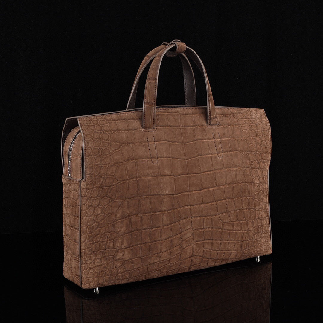 Nubuck Genuine Crocodile Skin Leather Top Handle Tote Duffel Bag Large Brown