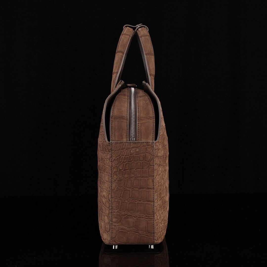 Nubuck Genuine Crocodile Skin Leather Top Handle Tote Duffel Bag Large Brown
