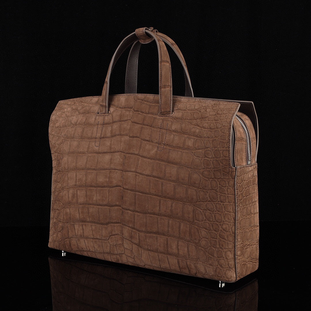 Nubuck Genuine Crocodile Skin Leather Top Handle Tote Duffel Bag Large Brown