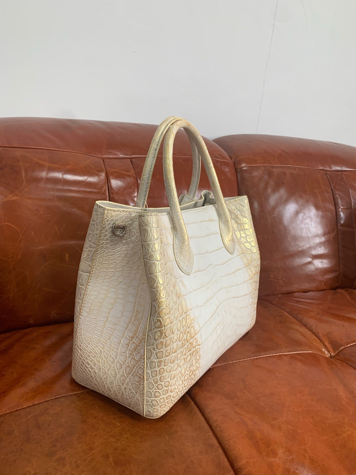 White Genuine Crocodile  Skin Leather Brushed Gold Top Handle Bag For Women