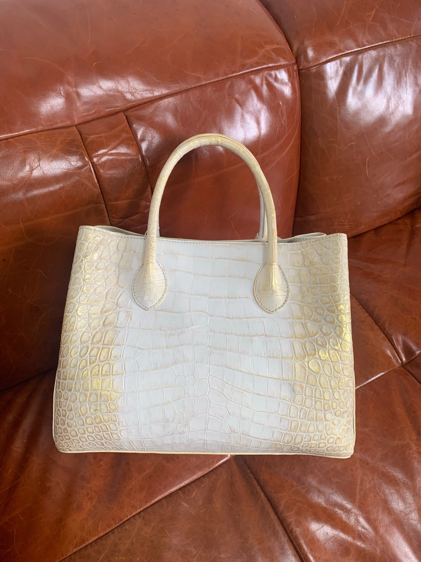 White Genuine Crocodile  Skin Leather Brushed Gold Top Handle Bag For Women