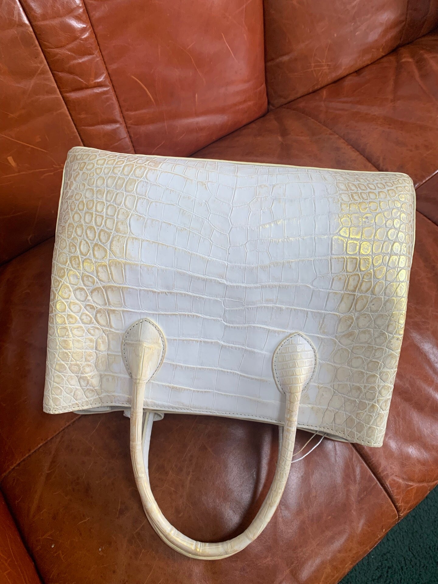 White Genuine Crocodile  Skin Leather Brushed Gold Top Handle Bag For Women