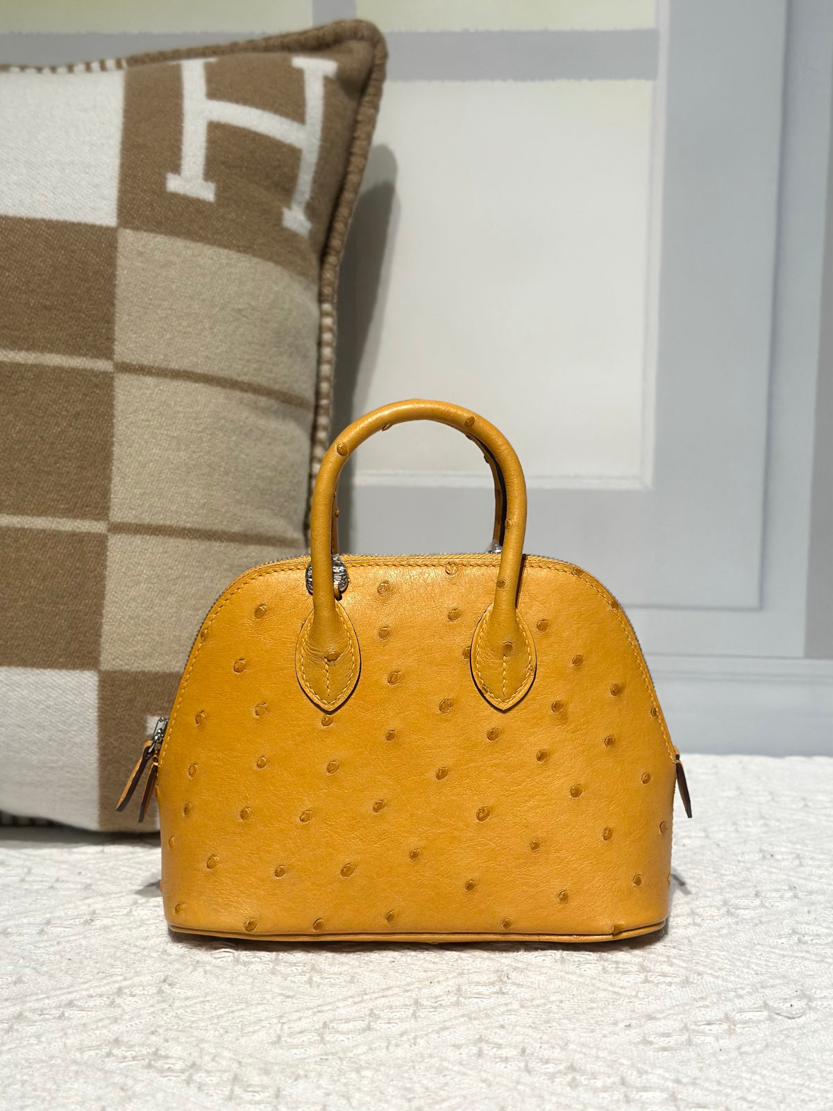 Genuine Ostrich Skin Leather Mini Bowling Top Handle Bag Amber Yellow