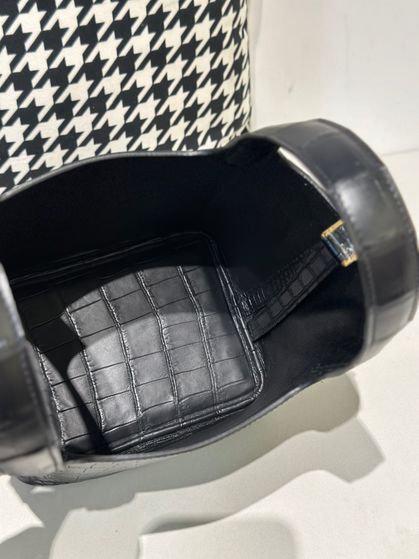 Women's black genuine crocodile leather cross body handbag by Rossie Viren, featuring a sleek compact design and textured crocodile skin.
