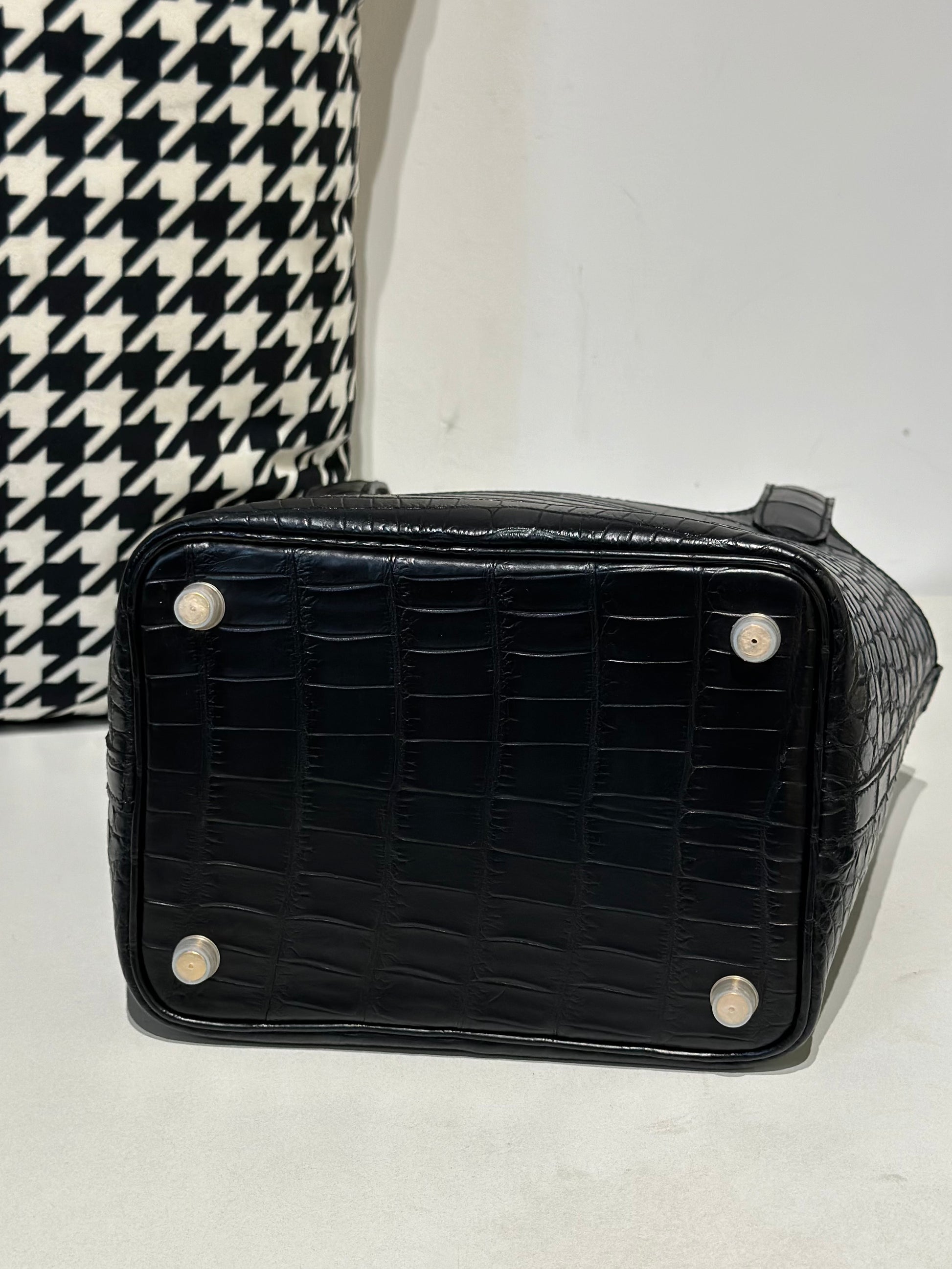 Black women's Rossie Viren genuine crocodile leather crossbody handbag with a small, structured design.