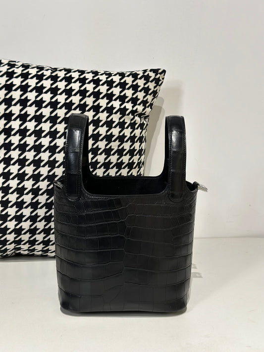 Women's Matt Genuine Crocodile Skin Leather Mini Handle Bag Black