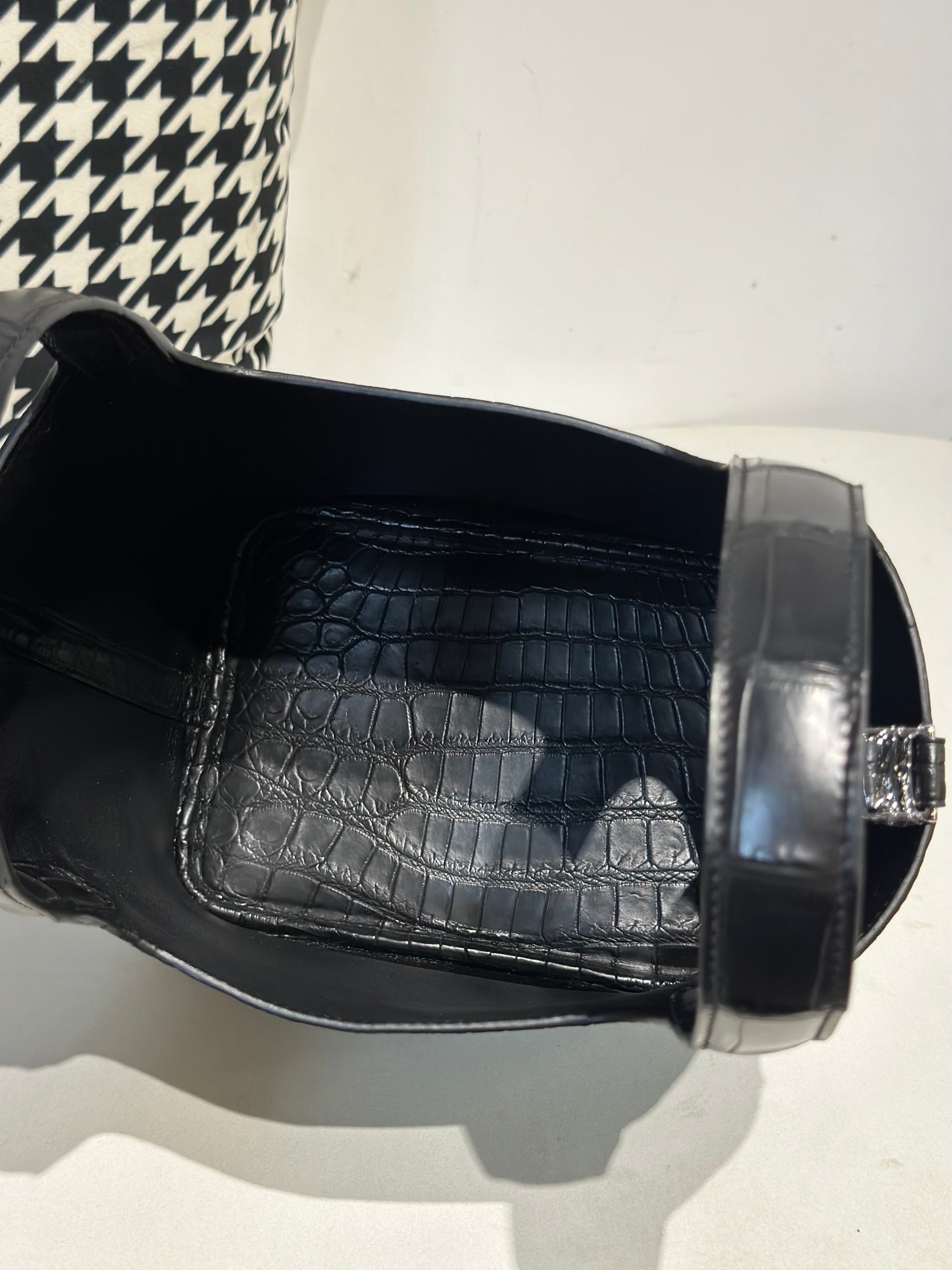 Black women's Rossie Viren crocodile leather crossbody handbag with a compact, stylish design and textured crocodile skin finish.