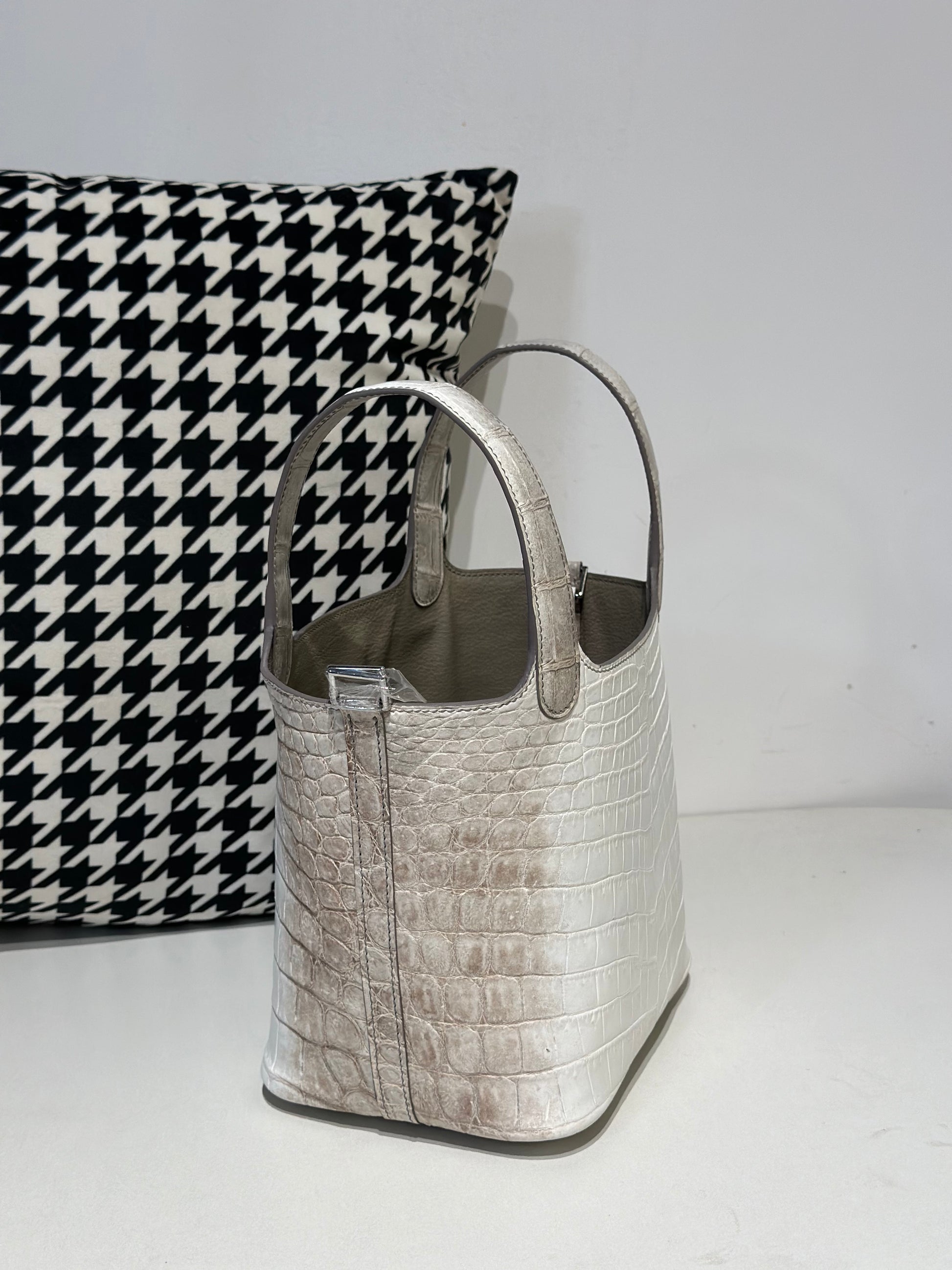 Women's genuine crocodile skin leather small crossbody handbag by Rossie Viren, Himalayan color, with sleek design and adjustable strap.