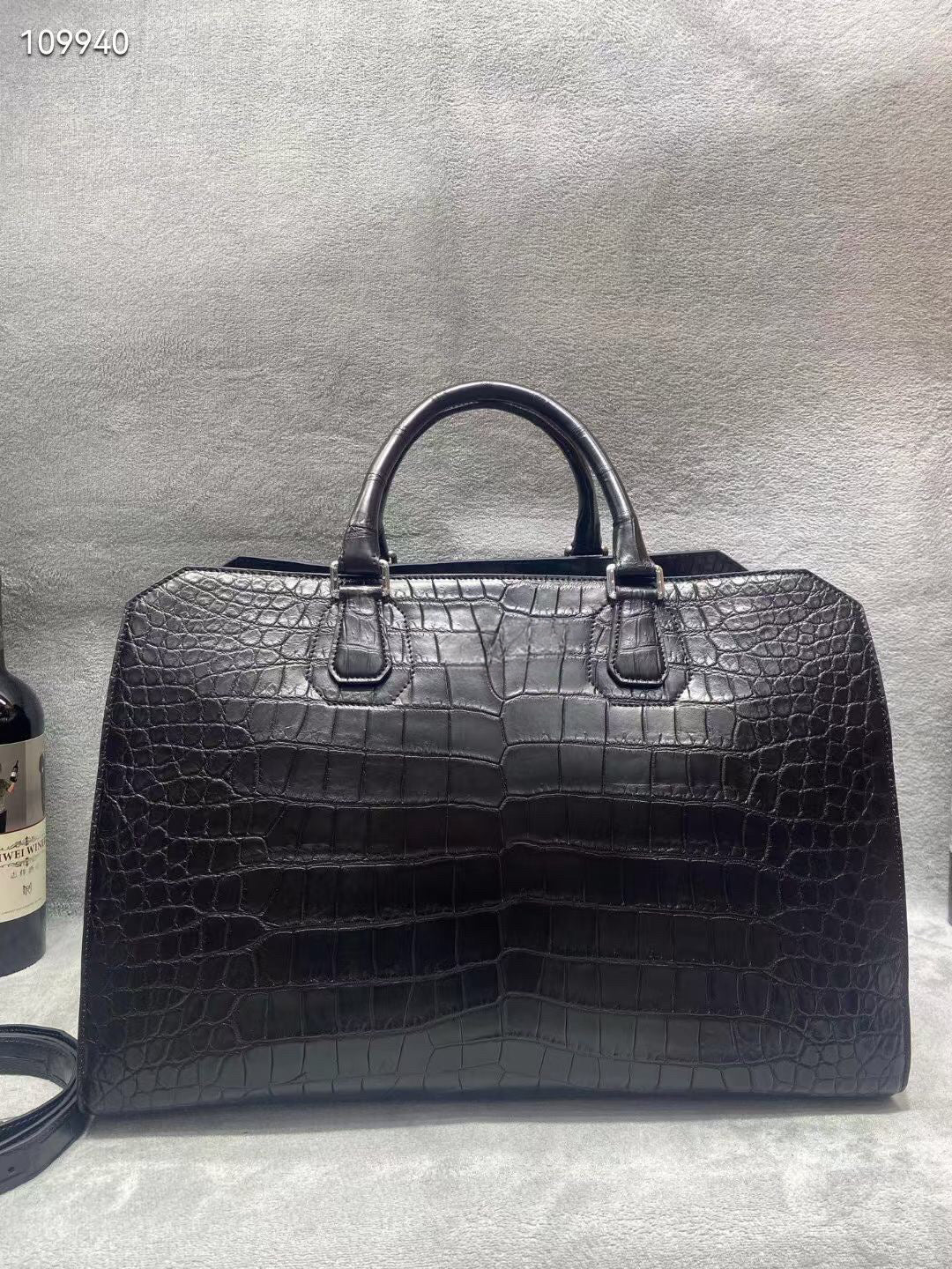 Crocodile Skin Leather Travel Duffle Bag Matt Black