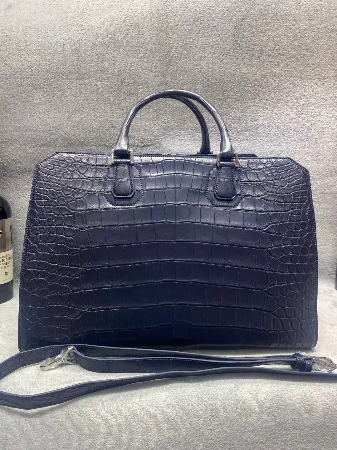 Crocodile Skin Leather Travel Duffle Bag Matt Black & Dark Blue
