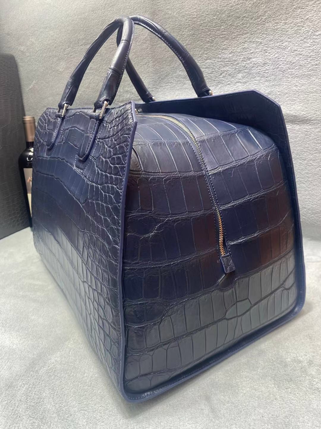 Crocodile Skin Leather Travel Duffle Bag Matt Black & Dark Blue