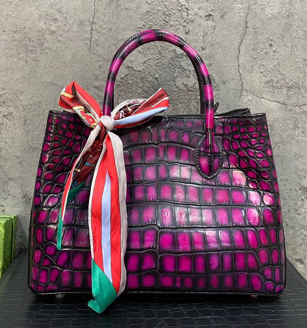 Rossie Viren vintage genuine crocodile leather handbag with top handle, shoulder strap, and tote design, 30cm size.