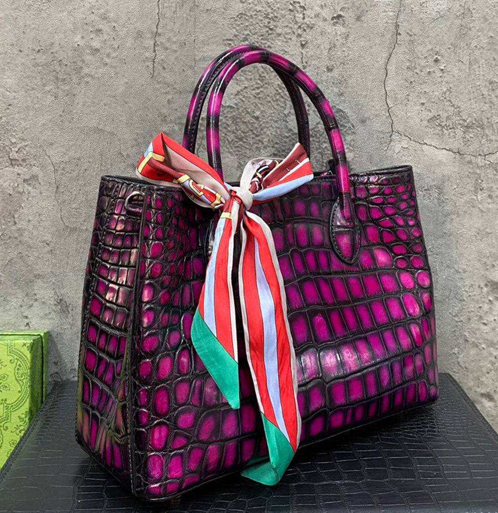 Vintage Rossie Viren crocodile leather handbag with top handle, shoulder strap, and tote design in a 30cm size.