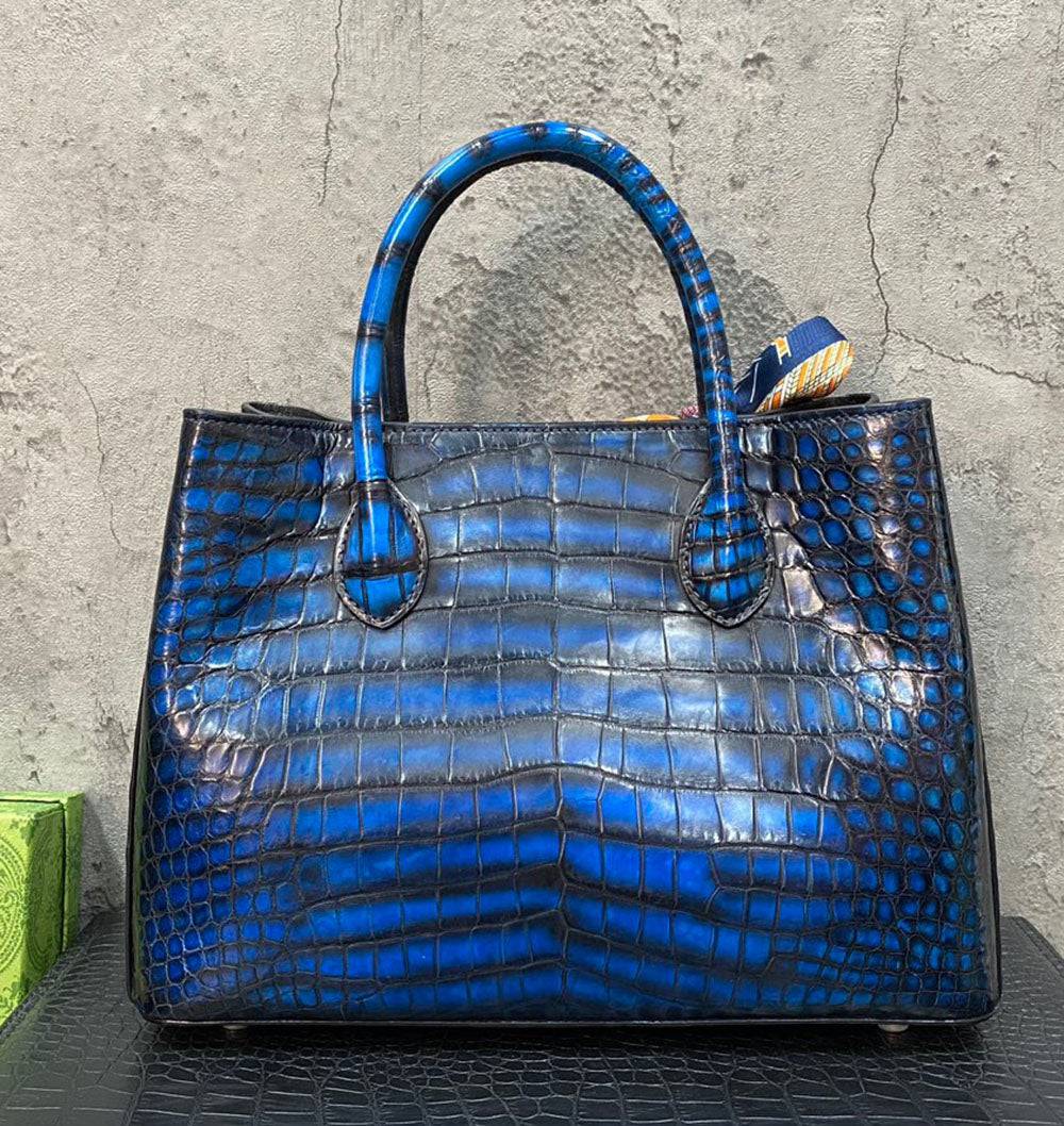 Vintage Rossie Viren crocodile leather handbag with top handle, shoulder strap, and spacious tote design in 30cm size.