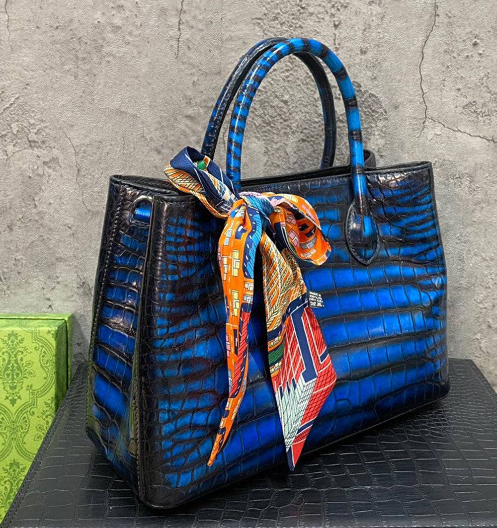 Rossie Viren vintage crocodile leather handbag with top handle, shoulder strap, and tote design, 30cm size.