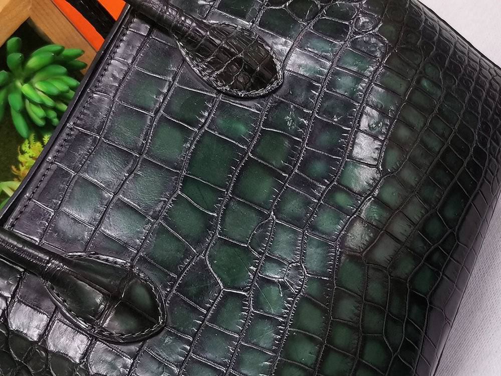 Rossie Viren vintage crocodile leather handbag with top handle, shoulder strap, and tote design, 30cm size, stylish and luxurious.