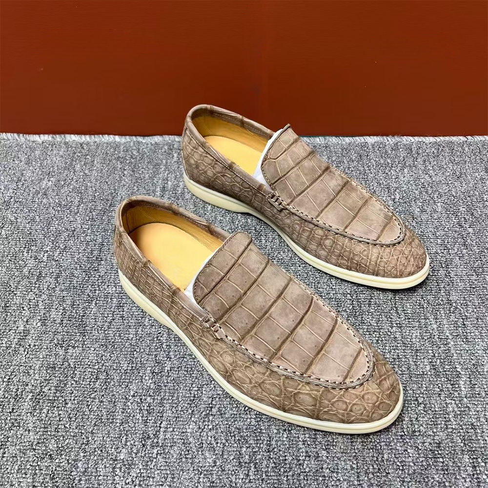 Rossie Viren men's beige nubuck crocodile leather loafers with slip-on design, stylish and comfortable dress shoes.