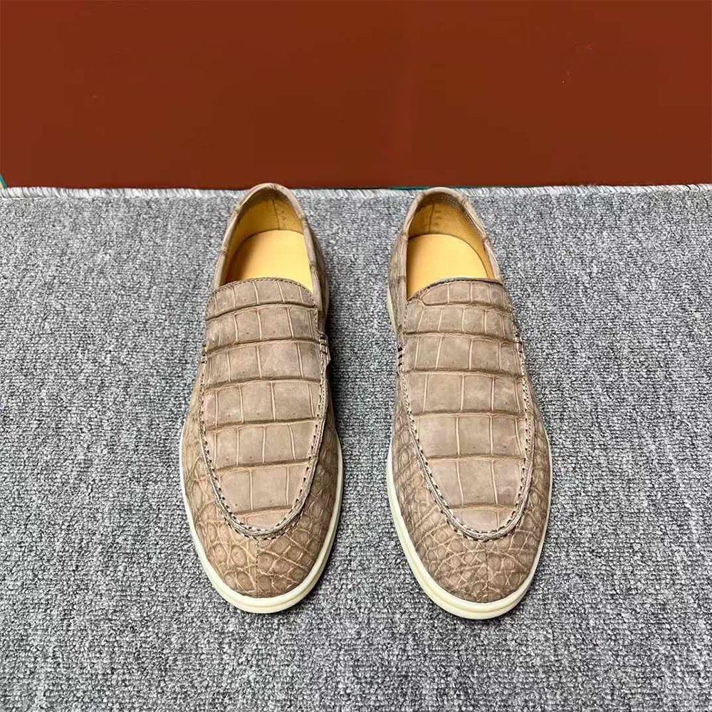 Rossie Viren men's beige nubuck crocodile leather loafers with slip-on design and comfortable dress shoe style.