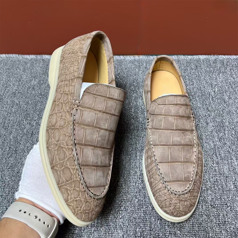 Rossie Viren men's beige nubuck crocodile leather loafers with slip-on design and comfortable dress shoe style.