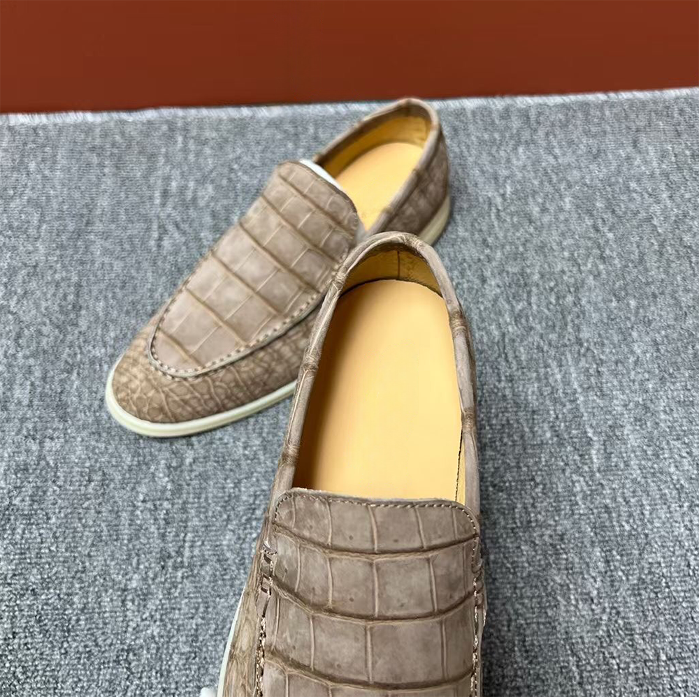 Beige Nubuck Crocodile Leather Loafers for men by Rossie Viren, slip-on dress shoes with a comfortable fit and stylish design.