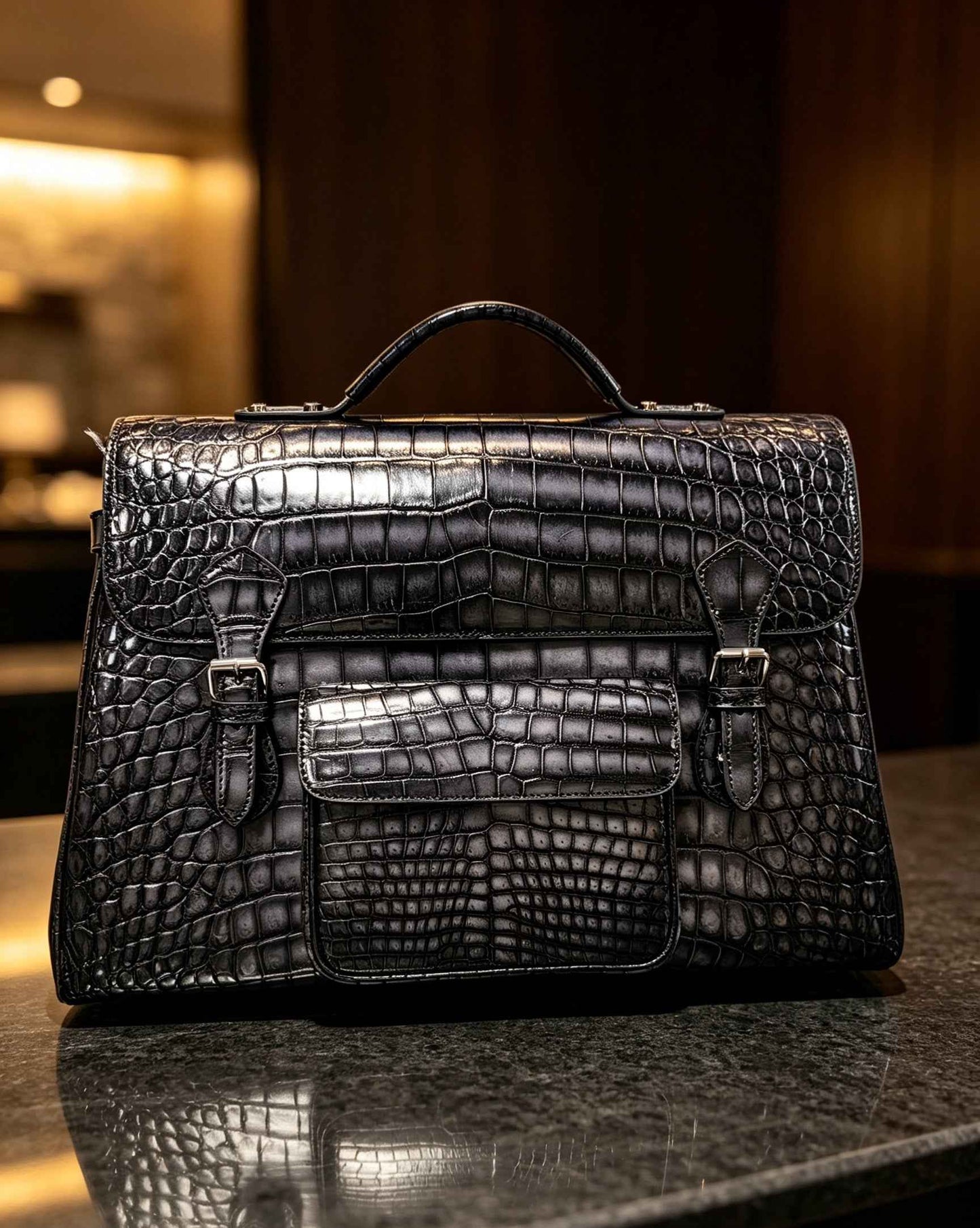 Genuine Crocodile Skin Leather Large Briefcase Bag Vintage Grey