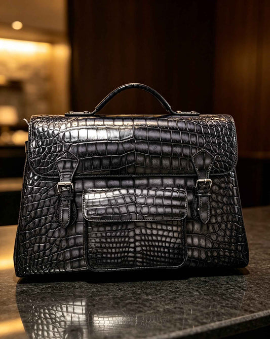 Genuine Crocodile Skin Leather Large Briefcase Bag Vintage Grey