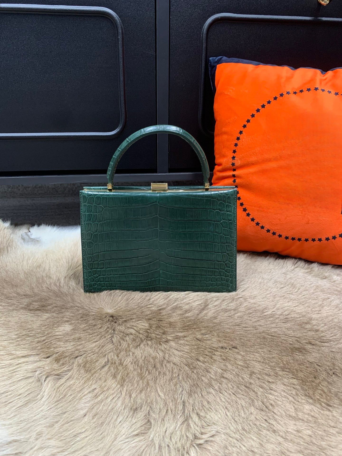 Rossie Viren crocodile leather evening clutch bag with top handle, elegant handbag for formal occasions.