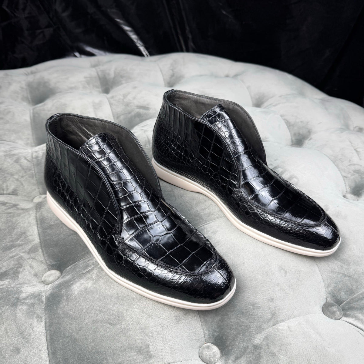 Crocodile Boots, Men's Crocodile Leather Slip-On Boots Black