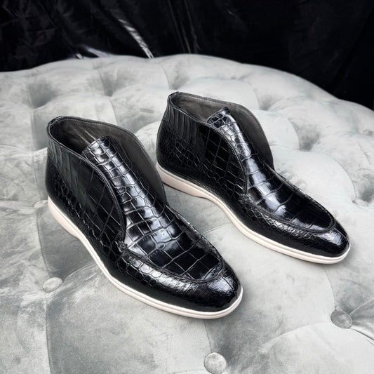 Crocodile Boots, Men's Crocodile Leather Slip-On Boots Black
