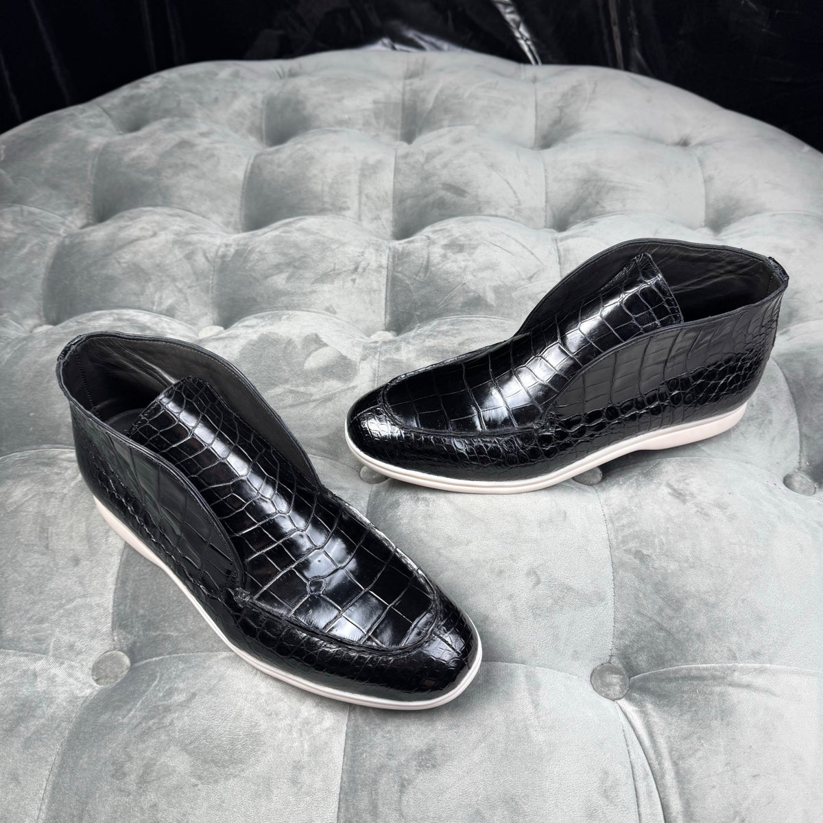 Crocodile Boots, Men's Crocodile Leather Slip-On Boots Black